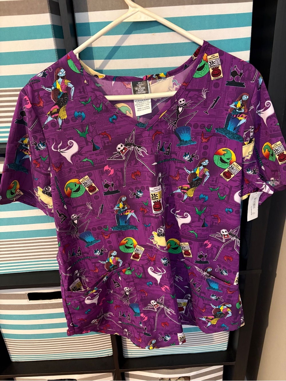 Purple Halloween Character Print Short Sleeve Scrub Top
